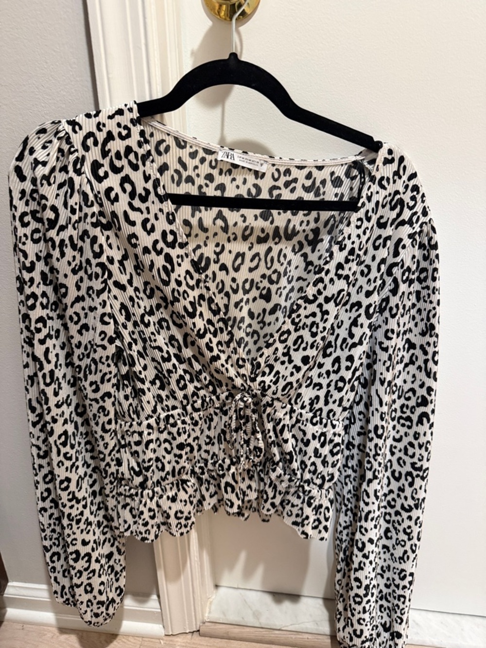 Zara Black and White Leopard-Print Tie Front Blouse
